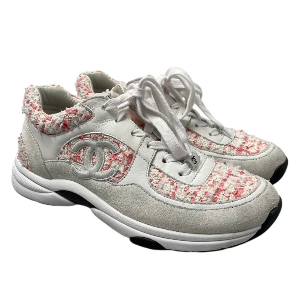 Chanel Tweed Leather Suede Sneakers Womens 39 White‎ Pink G38299 Low Top CC Logo